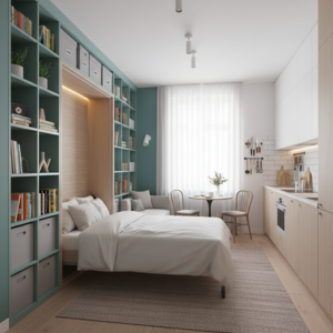 Small apartment bedroom with built-in wall storage, overhead cabinets, and compact workspace