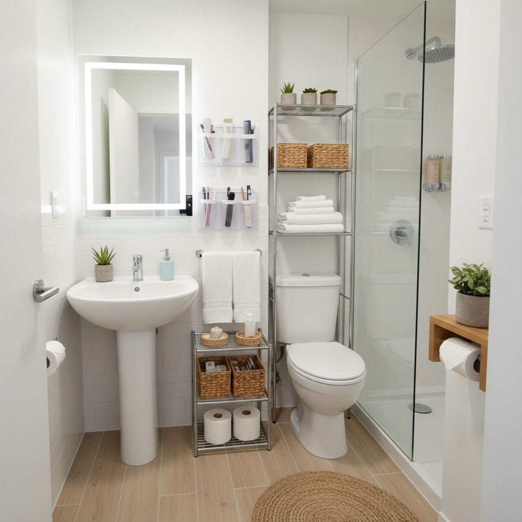 Small bathroom storage ideas with metal shelving unit and organized baskets in compact apartment