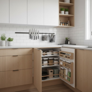 Small kitchen corner cabinet storage with pull-out organizers and labeled containers